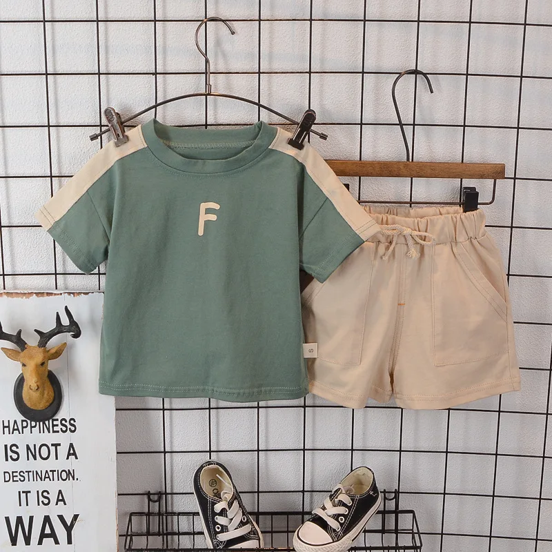 

Boys' Summer New Children's Letter Printed Short-sleeved T-shirt + Solid Color Shorts Casual Two-piece Set