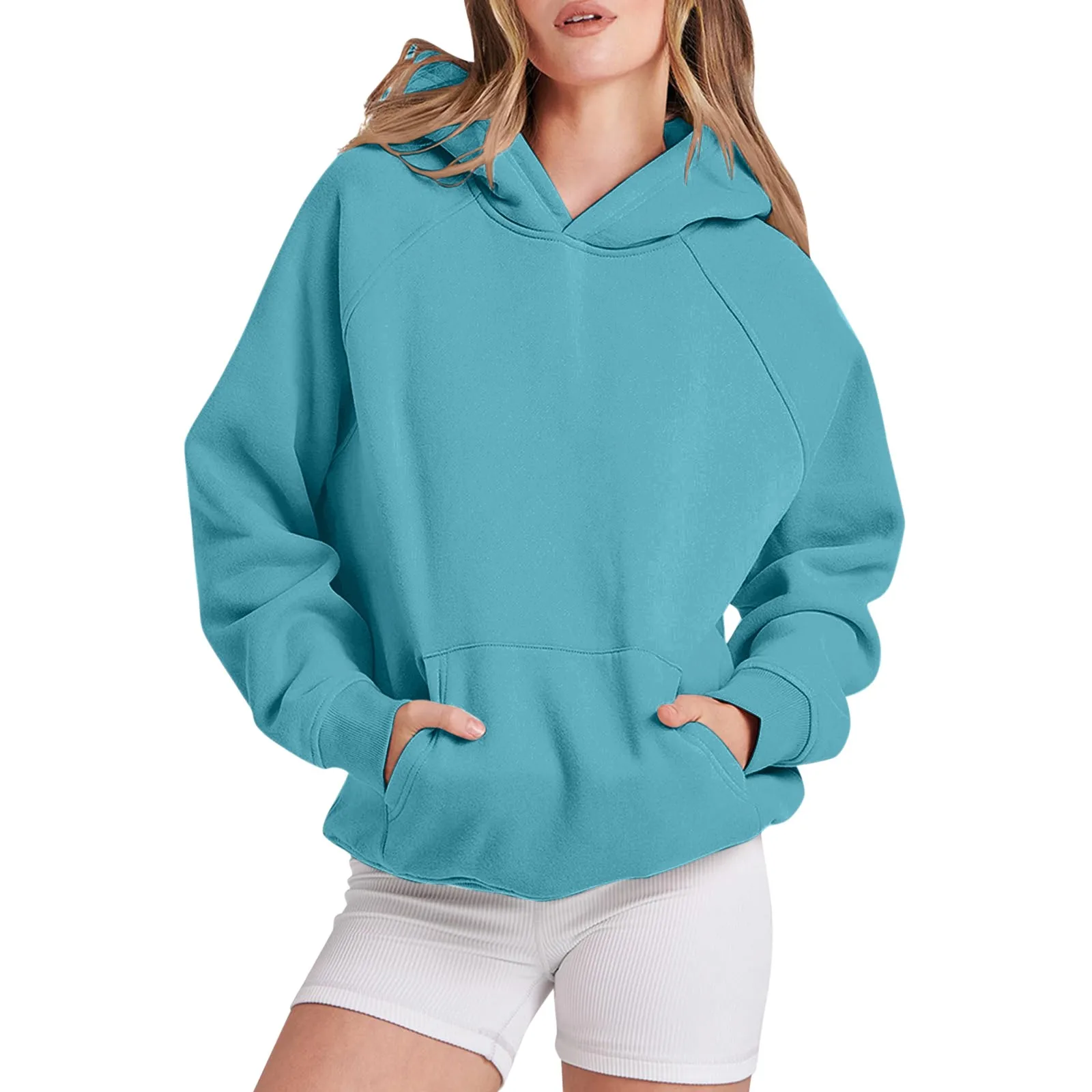 

Women Solid Color Hoodies Pullovers Sport Casual Sweatshirt Long Sleeve Hooded Sportwear Clothing Y2K Street Tops With Pockets