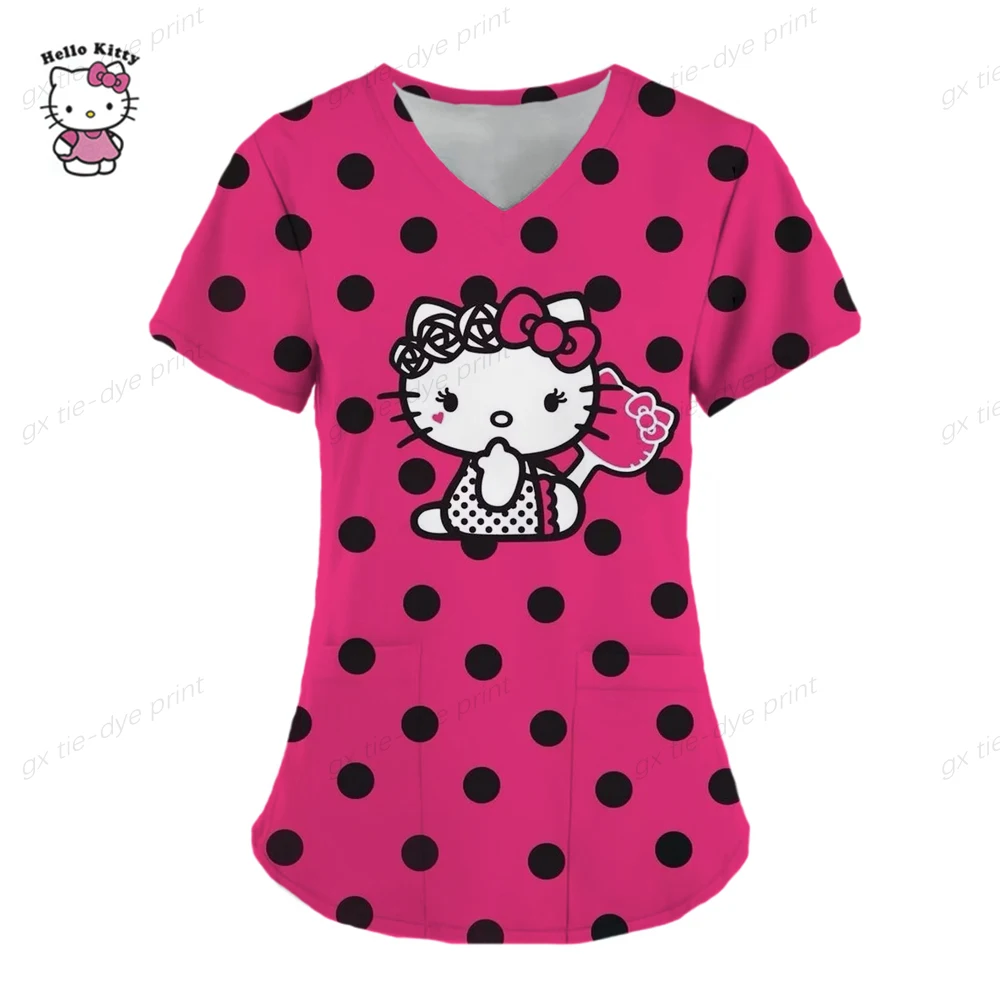 thumbnail image 1 of Camisetas de manga corta para mujer, uniforme de enfermera con estampado de Hello Kitty, cuello en V, bolsillo, para trabajadores de la salud, ropa de trabajo clínica, 1 of 5