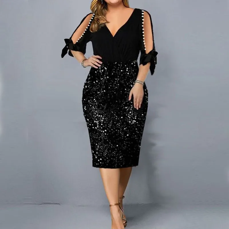 

Sexy V-Neck Sequin Party Dress for Women Elegant Chic Beaded Hollow Sleeve Patchwork Bodycon Dresses Summer Fashion Evening Prom