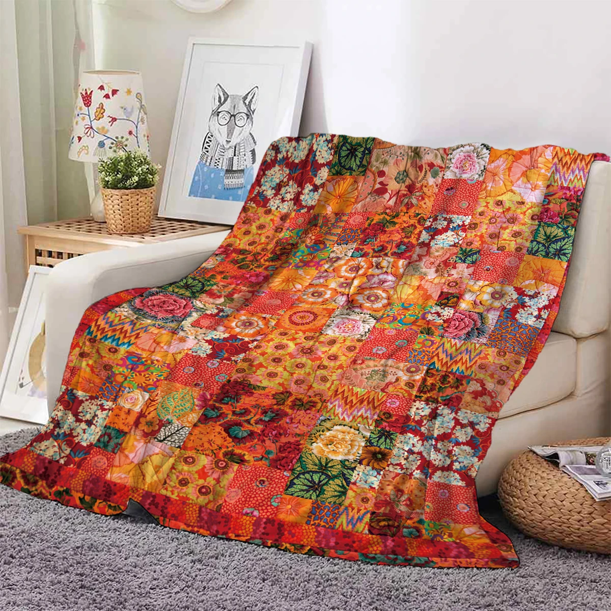 Manta estampada con patrón de flores bohemias, adecuada para sofás, camas, oficinas, viajes, sillas de camping, manta de felpa cálida, 1PC_voghion.com