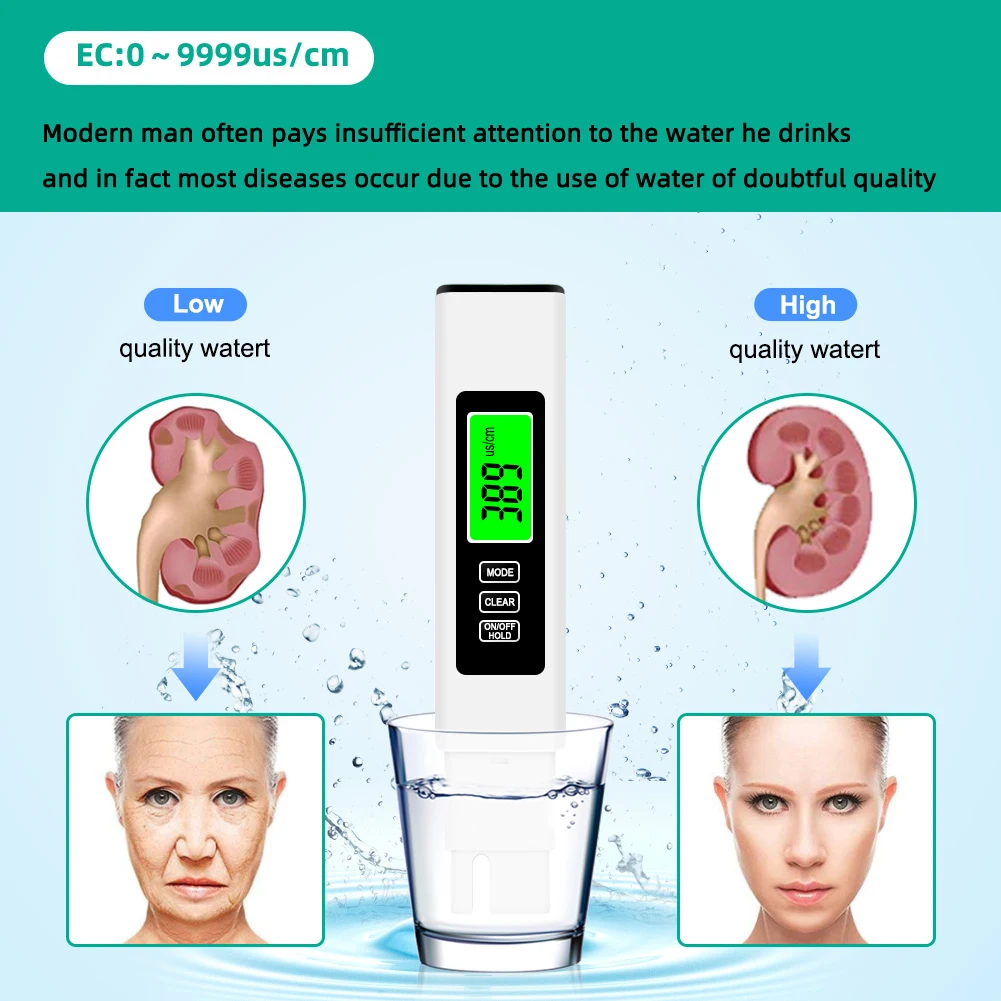 4 in 1 TDS Digital Water PH Meter 0-9990PPM High Precision Water Quality Tester