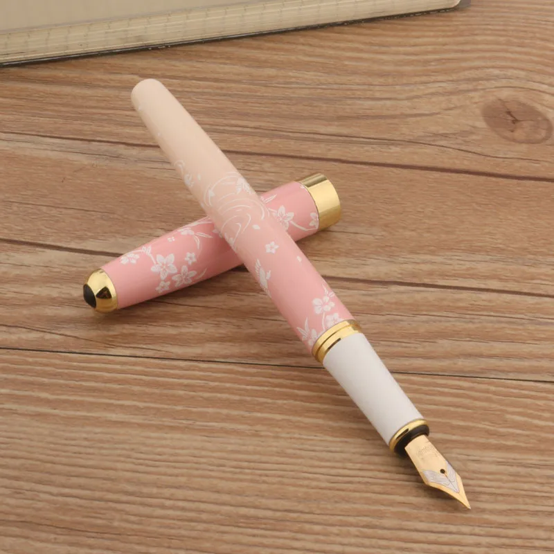 1PC Pen + 10PC Ink Metal 83 Fountain Pen Pink Flowers F Nib Business Office school supplies