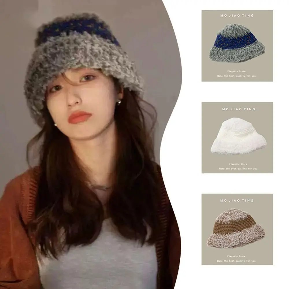 

Rabbit Hair Plush Hat Retro Handmade Knitted Fisherman Hat Warm Bucket Hats Women