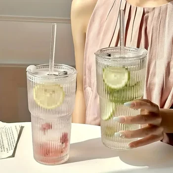 Striped Glass Cup with Straw 1