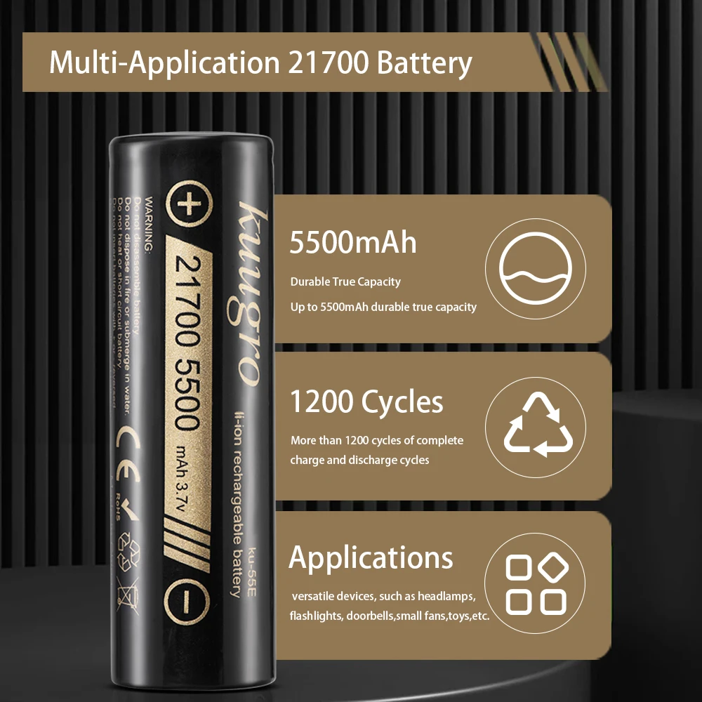 Batterie 21700 haute capacité 5500mAh 3.7V, main tenant une pile pour montrer la taille