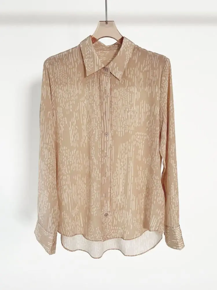 

100% Silk Long-sleeved Women's Shirt Fashion Print Turn-down Collar Single-breasted Blouse Female Blouse Casual Office Lady Tops