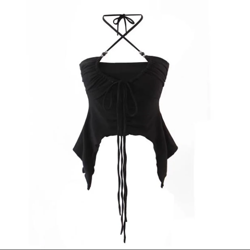 Camisola corta sexy punk con cordones para mujer, sin espalda, estilo veraniego, para discoteca, color negro, Y2K