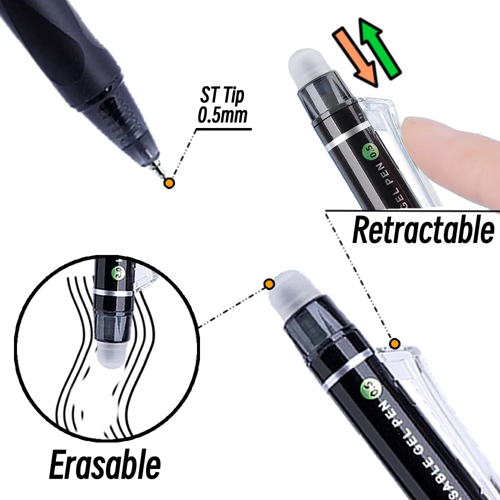 Retractable Gel Pens 1/5/10Pcs Erasable ST Tip 0.5mm Black Ink Stationery Supplies Aesthetic Kawaii Office School