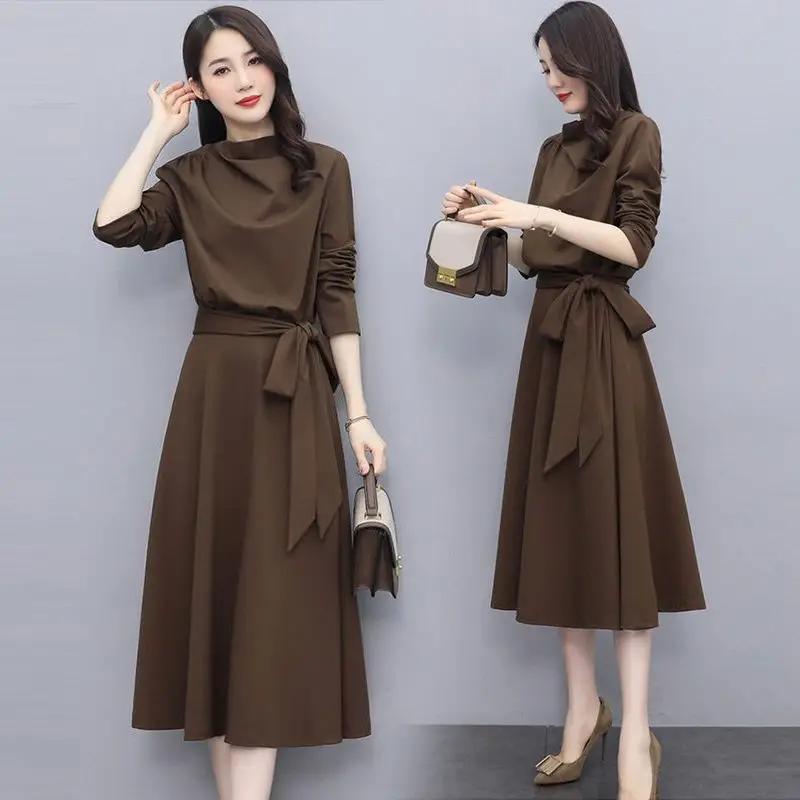 

Платья с длинным рукавом Весна-Осень однотонное модное платье женское средней длины элегантное свободное женское повседневное роскошное корейское платье 2023