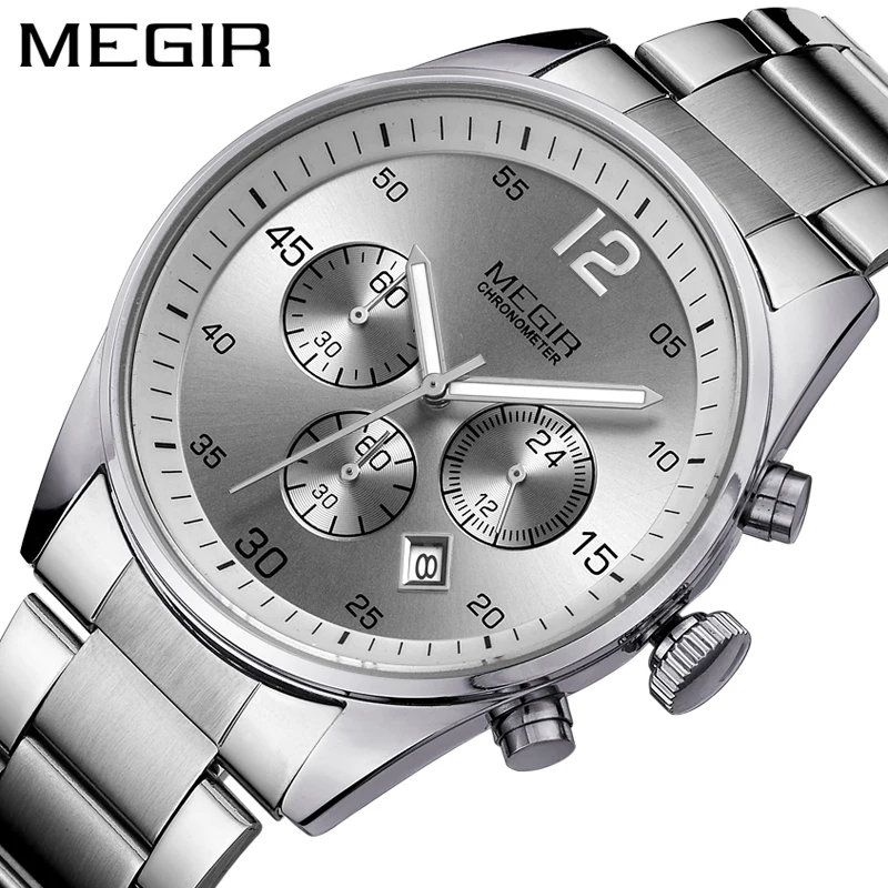 MEGIR Men Watches Stainless Steel Sport Waterproof Chronograph Quartz Watch Date Clock Luxury Watch for Men  Relogio Masculino