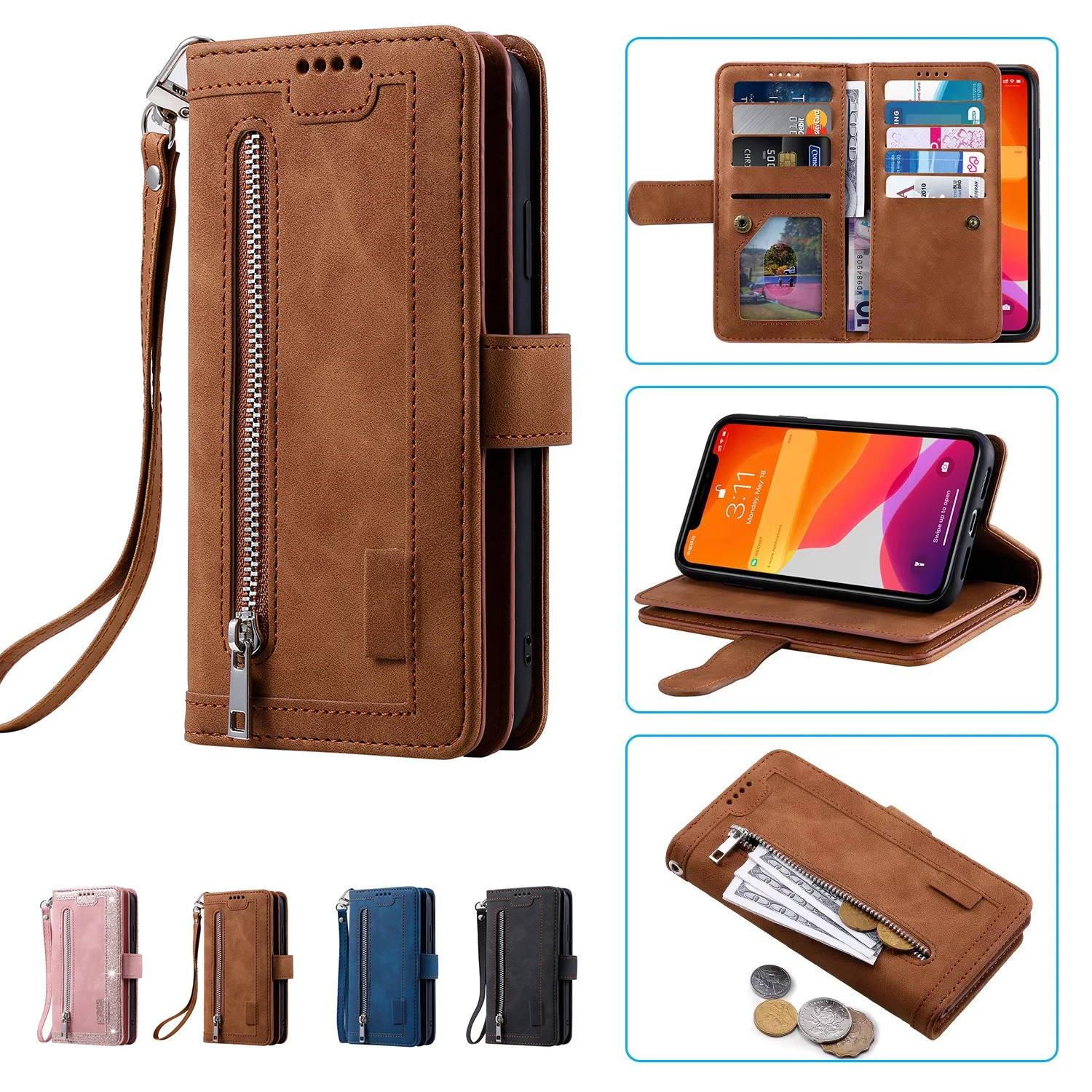 Retro Leather Zipper Wallet Case with Lanyard Wrist Strap and Multi-Card Slots