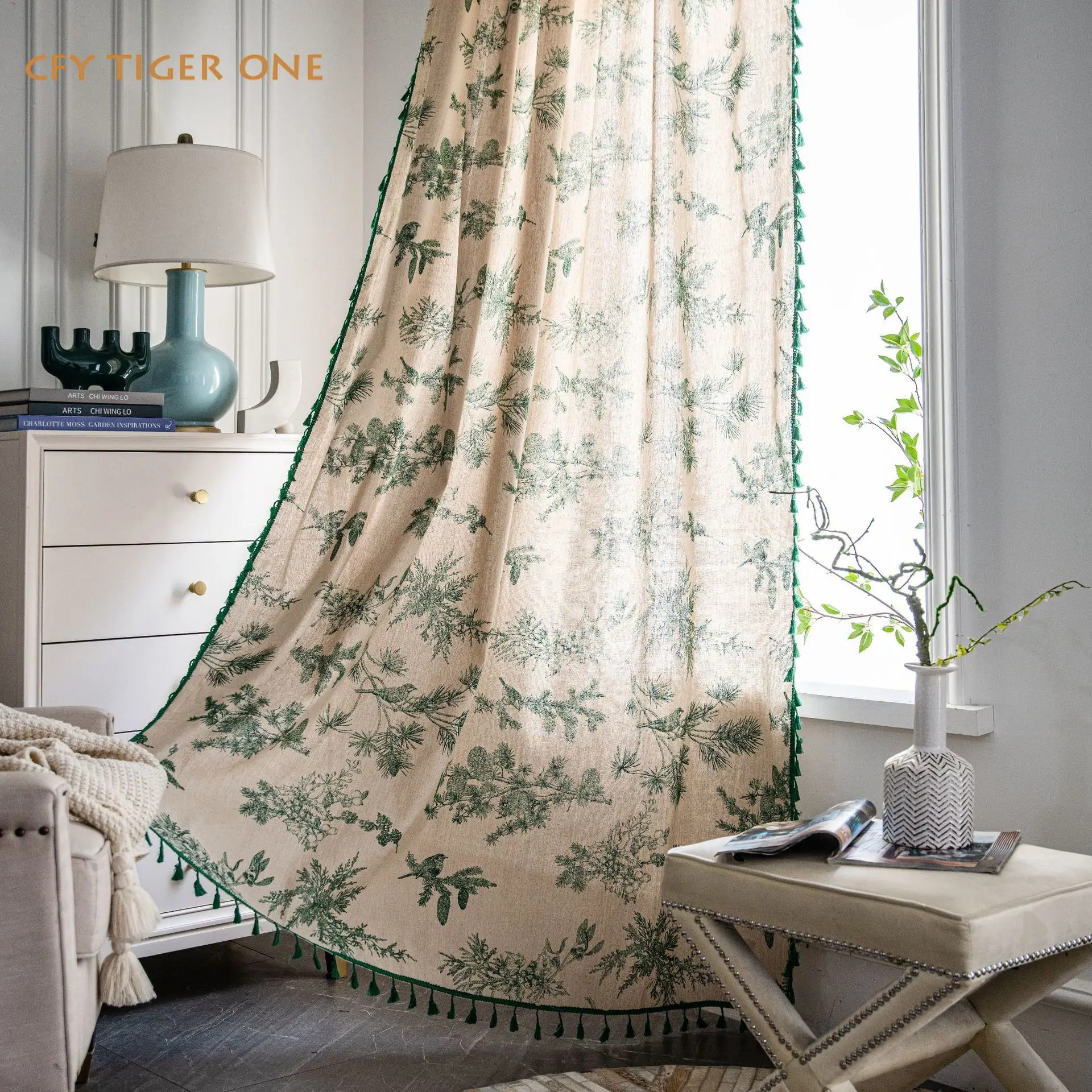

Rural American Floral Cotton Linen Window Curtain with Tassels Blackout Valance for The Luxury Room Curtains for Living Room