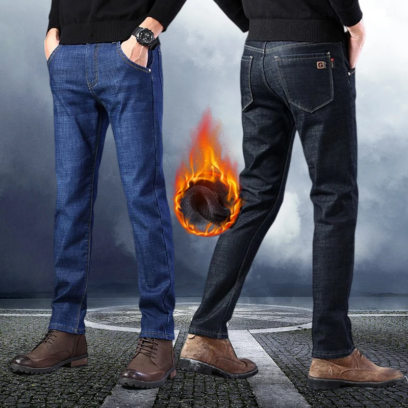 Fashion Men Winter Jeans Slim Fit Stretch Thick Velvet Pants Warm Jeans Casual Fleece Trousers Thermal Velvet Jeans