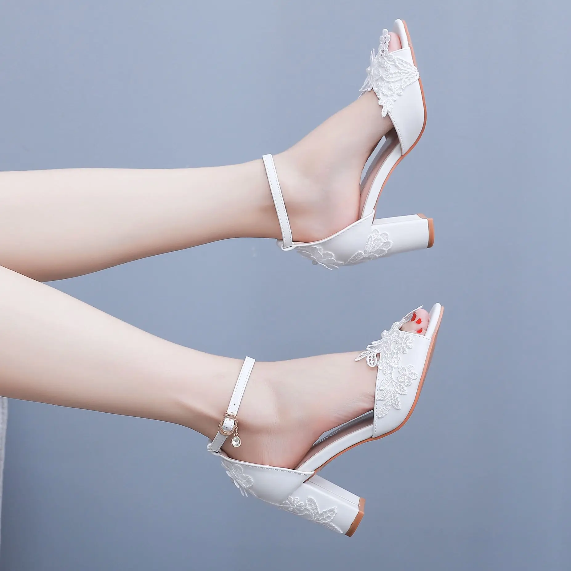 S19e388414e2d415294c4bb674f9d1c0e2 Elegant White Lace Pearl Ribbon Open Toe High Heels for Weddings