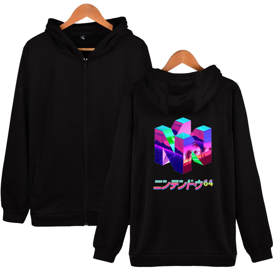 

New Brand Classic Game N64 Printing Hooded Sweatshirt Harajuku Vaporwave Hoodies Large Size Zipper Clothing Hip Hop Streetwear