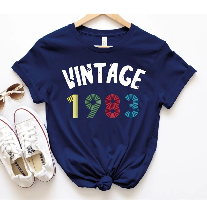 

Vintage 1983 40th 40 Years Old Birthday Women T Shirts Cotton Retro Graphic T-shirts Party Clothes O Neck Streetwear Outfits