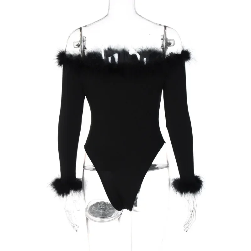 2024 New Bodysuits for Women Elegant One Piece Slim Tops Bodysuit Clothes Fashion Feathers Sexy Long Sleeve Off Shoulder YXQ08