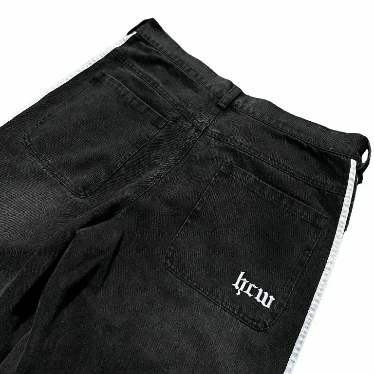 HCW American Jeans Y2K Clothes Mens Harajuku Hip Hop Striped Letters Embroidered Baggy Jeans Black Pants Rock Wide Leg Trousers 6