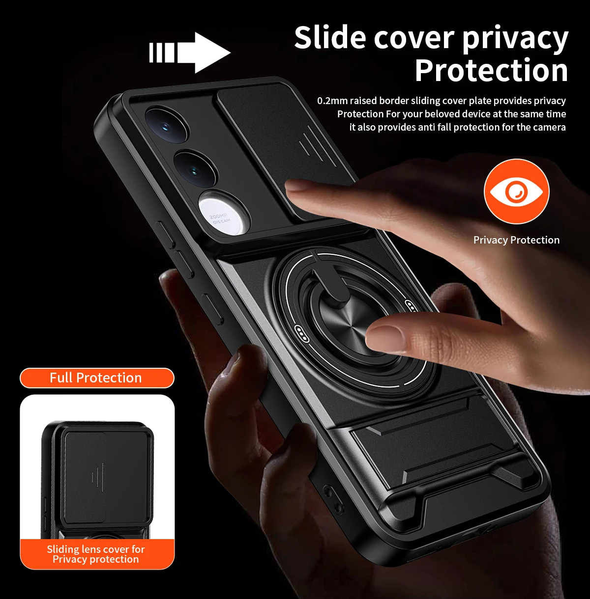 Rugged Shockproof Phone Case with Sliding Camera Cover and Magnetic Ring Kickstand