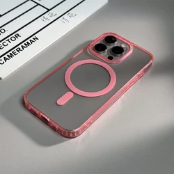 Luxury Matte Translucent Magnetic Wireless Charging Case - Clear Hard Back Cover for iPhone 13 (Pink)