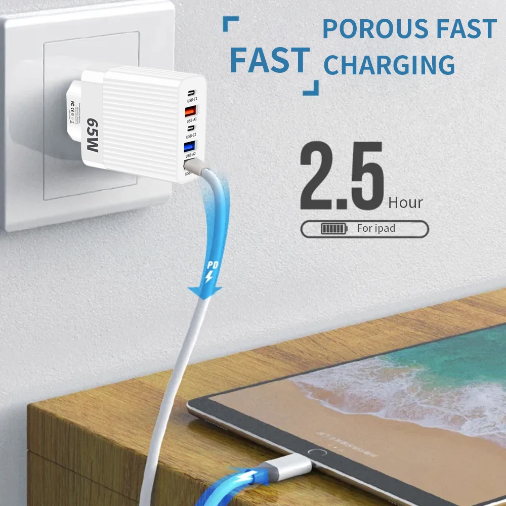 5 Ports USB 65W Type C Fast Charging Quick Charger 3.0 Phone Charger Adapter For iPhone 15 14 Samsung Xiaomi Huawei Wall Charger