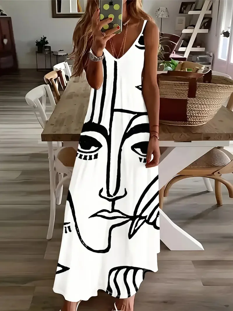 thumbnail image 1 of Falda de tirantes estilo bohemio de verano para mujer, vestido informal holgado de corte A largo, elegante y nuevo para playa., 1 of 4