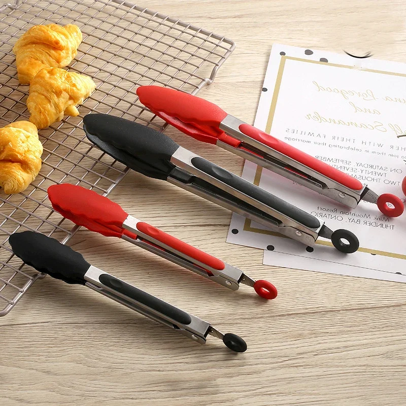 9/12Inch Silicone Food Tongs Nonslip Cooking Clip Salad Serving Kitchen Tong Stainless Steel Grill Tongs Heat Resistant BBQ Tool