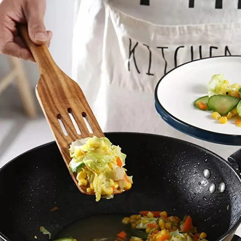 Wooden Cooking Tools Set 5PCS Teak Wood Non-Stick Heat Resistant Spatula Spoon Kitchen Tools for Cooking Serving and Stirring