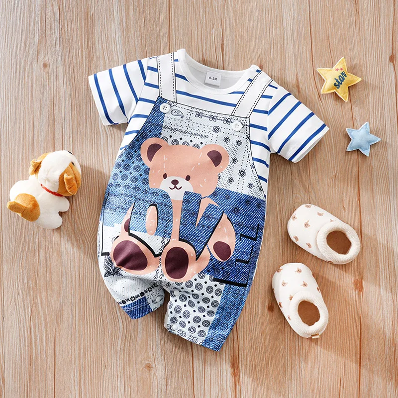 Baby Jumpsuit Baby Clothes Cute Cartoon Bear Fake Shoulder Strap Comfortable And Soft 0-18 Boys And Girls Summer Short Sleeved Baby Jumpsuit