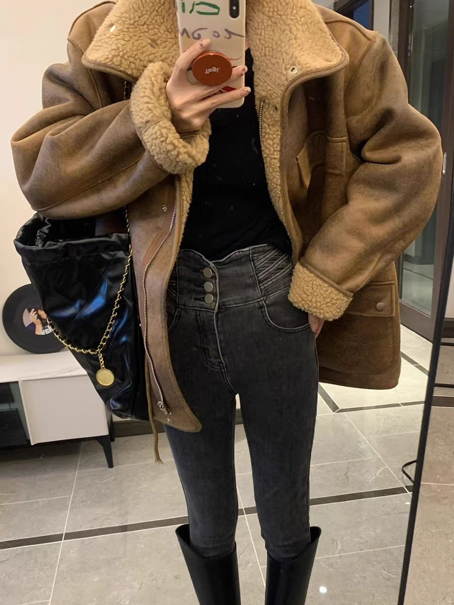 2023 Winter New PU Fur Thickened Both Sides Wear Retro Versatile Loose and Durable Women's Motorcycle Wear