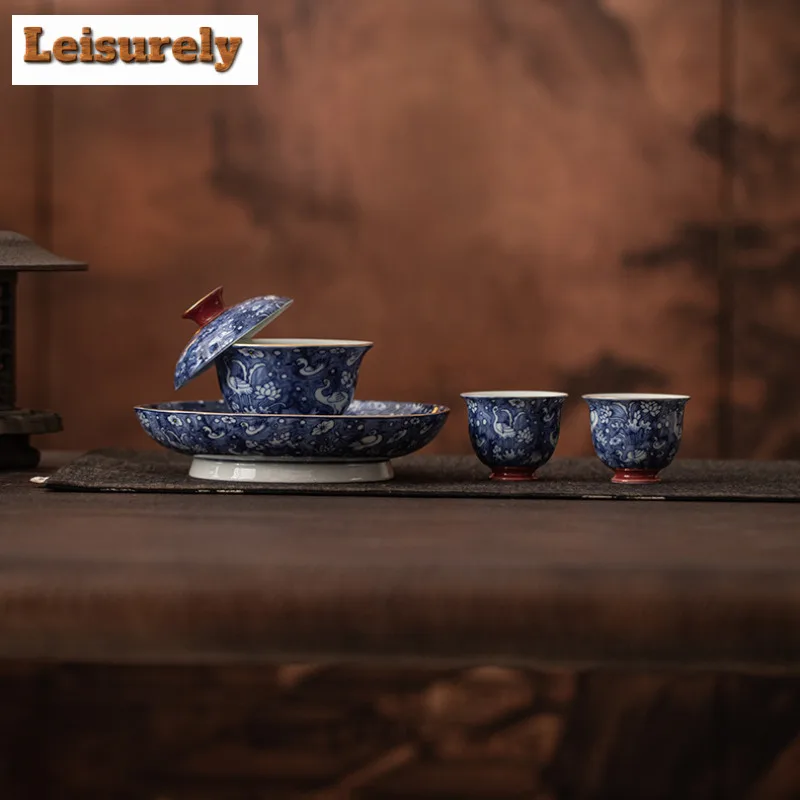 150ml Blue And White Hovering Gaiwan Zen Tea Tureen Tea Bowl With Lid Kit Tea Maker Cover Bowl For Cha Pot Bearing Holder Teacup