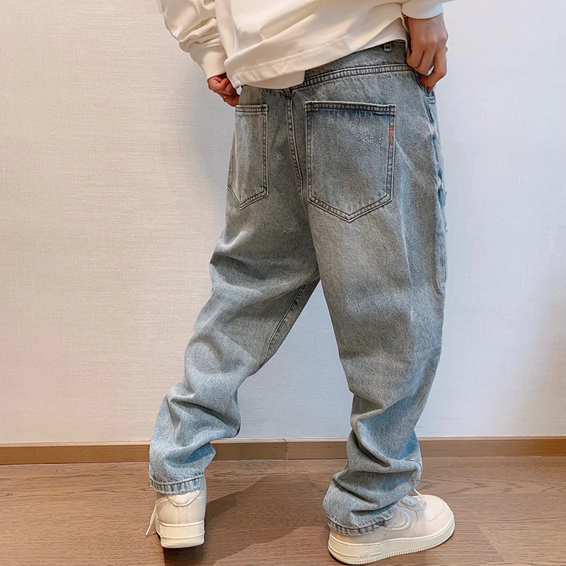 BM Korean Hip Hop Ripped Baggy Jeans Men Clothing Japanese Streetwear Straight-Leg Denim Cargo Pants Harajuku Casual Trousers men jeans ripped jeans ripped patchwork jeans