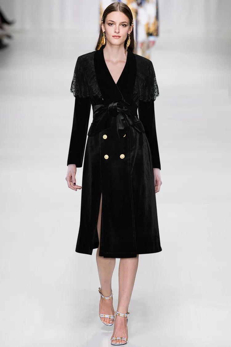 

Fashion Designer Runway Windbreaker Lace Cloak Long sleeve Double-breasted black Velvet Windbreaker Coat