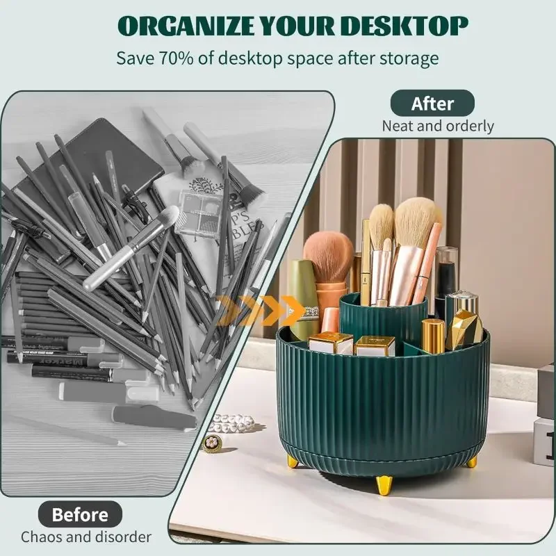 1pc 360°Rotating Makeup Organizer Storage Elegant Stripe Makeup Brushes Holder 5-Compartment Cosmetic Holder for Vanity Bathroom 3