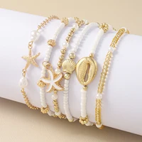 Vintage Seed Bead Stacked Bracelet Set Starfish Shell Embellishment Bracelets Elegant Women's Summer Beach Party Ideal Jewelry 3