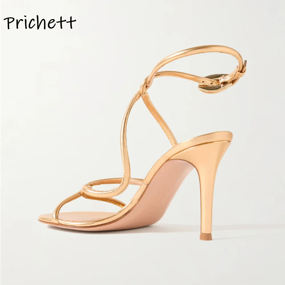 Women Sandals Metal Buckle Cross Band Slingback Solid Round Toe Thin Heels Ankle Band Leather Shoes Summer Sexy Elegant Concise