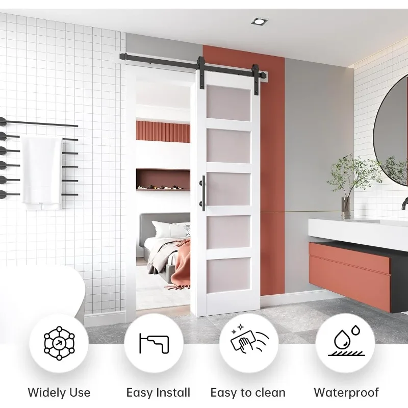 Glass barn door with 4ft sliding door hardware kit, solid LVL wood covering waterproof and scratch resistant 2