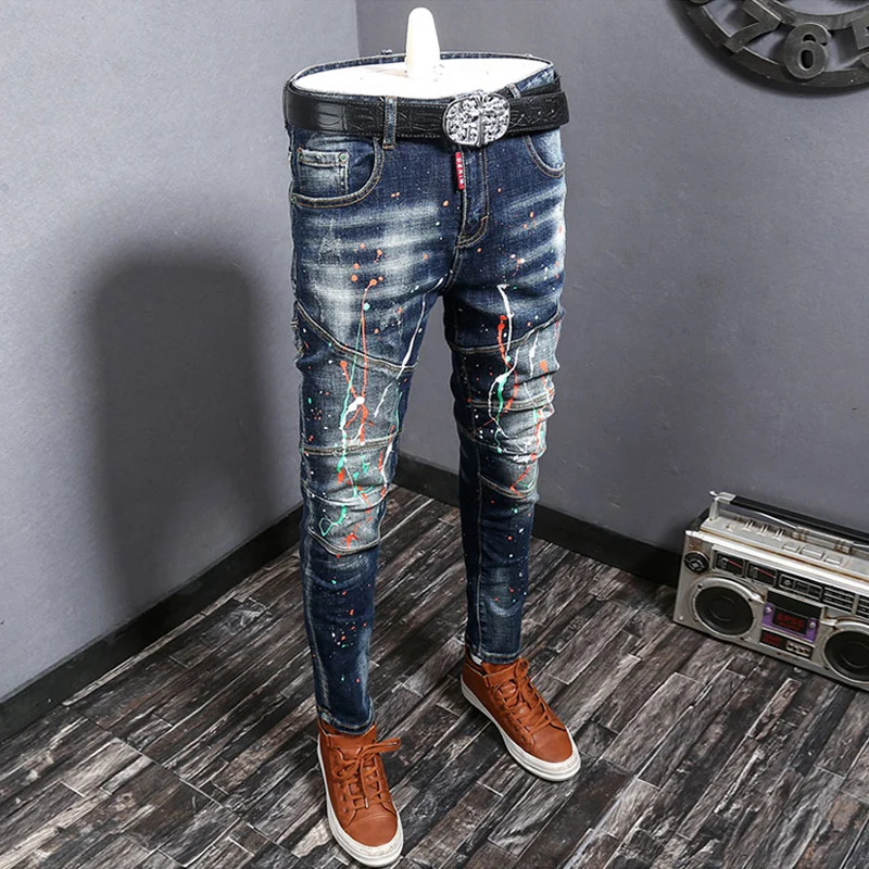 Street Fashion Men Jeans Retro Dark Blue Spliced Designer Elastic Slim Ripped Jeans Men Painted Hip Hop Denim Biker Pants Hombre