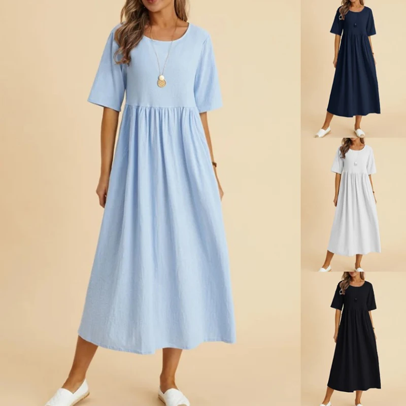 Women Vintage Cotton Linen Breathable Midi Dress Y2K Summer Fashion Half Sleeve Solid Casual Dresses High Waist Elegant Vestidos 5