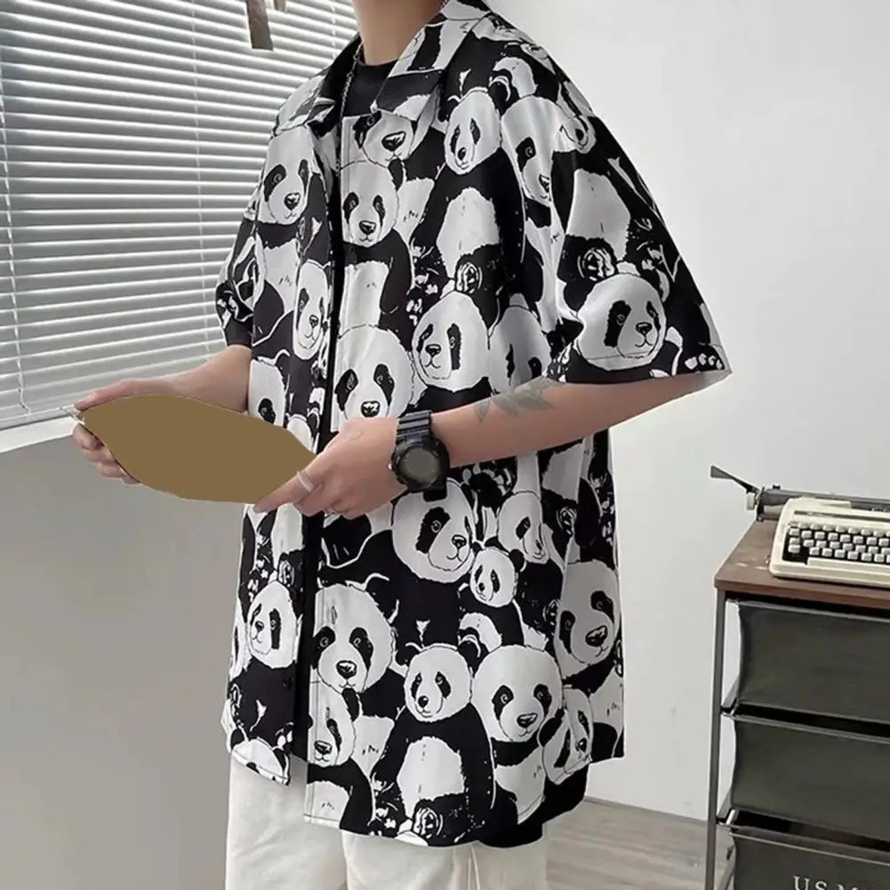 

Summer Shirt Men's Summer Panda Printed Loose Fit Beach Shirt Casual Streetwear Fashion Tee for Luxury Social Events Panda