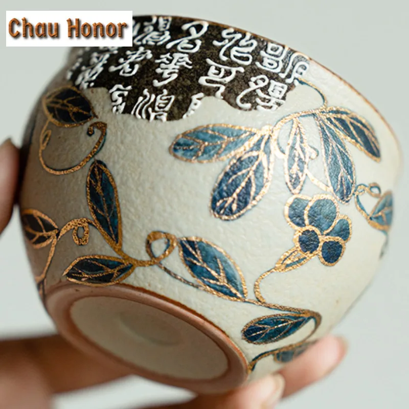 160ml Blue And White Flint Red Teacup Handmade Gold Drawing Branch Lotus Tea Bowl Zen Coffee Mug Smelling Cup Water Jug Teaware