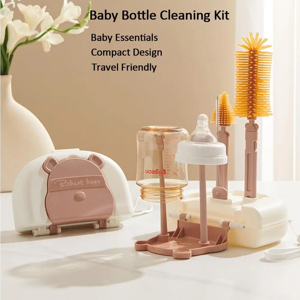 6 in 1 Bottle Cleaning Brush Set with Silicone Bottle Brush Straw Nipple Soap Dispenser Storage Box Drying Rack