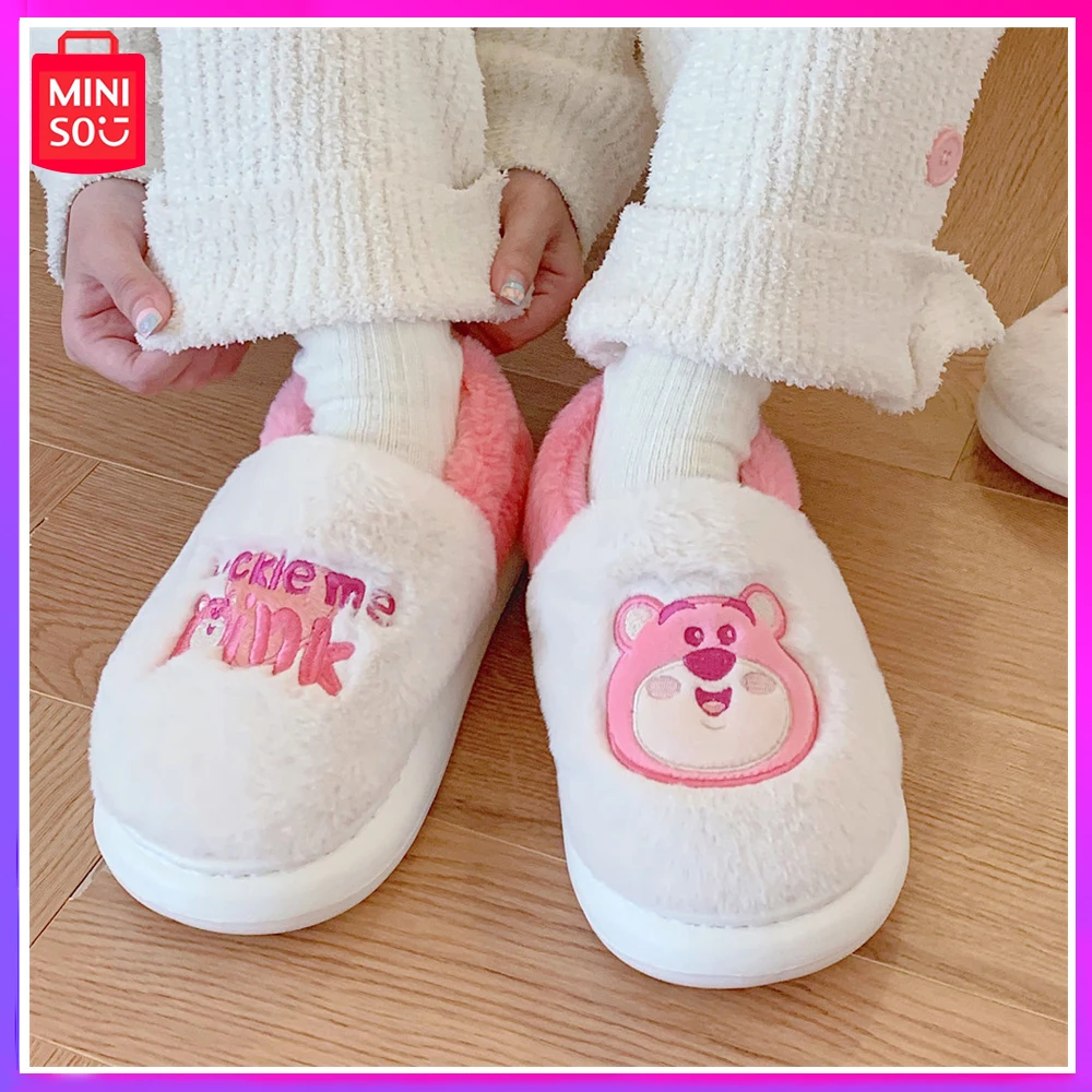 

Miniso Toy Story Pink Strawberry Bear Girl Winter with Fluffy Warm Cotton Slippers Plush Comfort Heel Shoes Holiday Gift