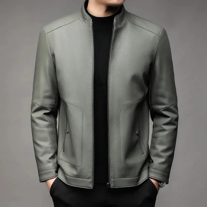 thumbnail image 1 of Nueva chaqueta de cuero sintético resistente al viento para hombre, estilo elegante e informal, estilo aviador, estilo retro, de negocios, de PU, color verde guisante, ajustada, con cremallera, para o, 1 of 5