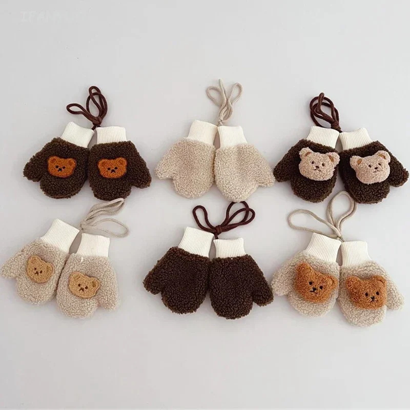 Thicken Lamb Wool Warm Boys Girls Baby Gloves Winter Children Full Finger Gloves with Ropes Kid Cartoon Bear Snow Outdoor