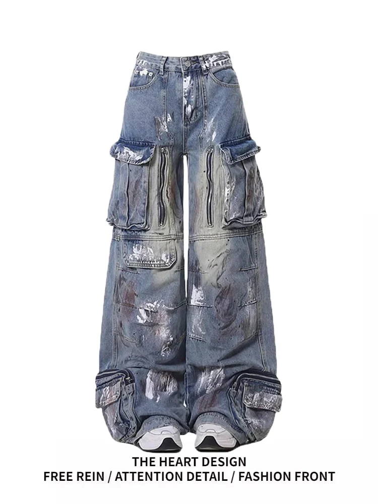 American Design Multi-ket Spray Painted Digital Print Women's Jeans Spring Trendy Heavy-Du Street Workwear Trousers