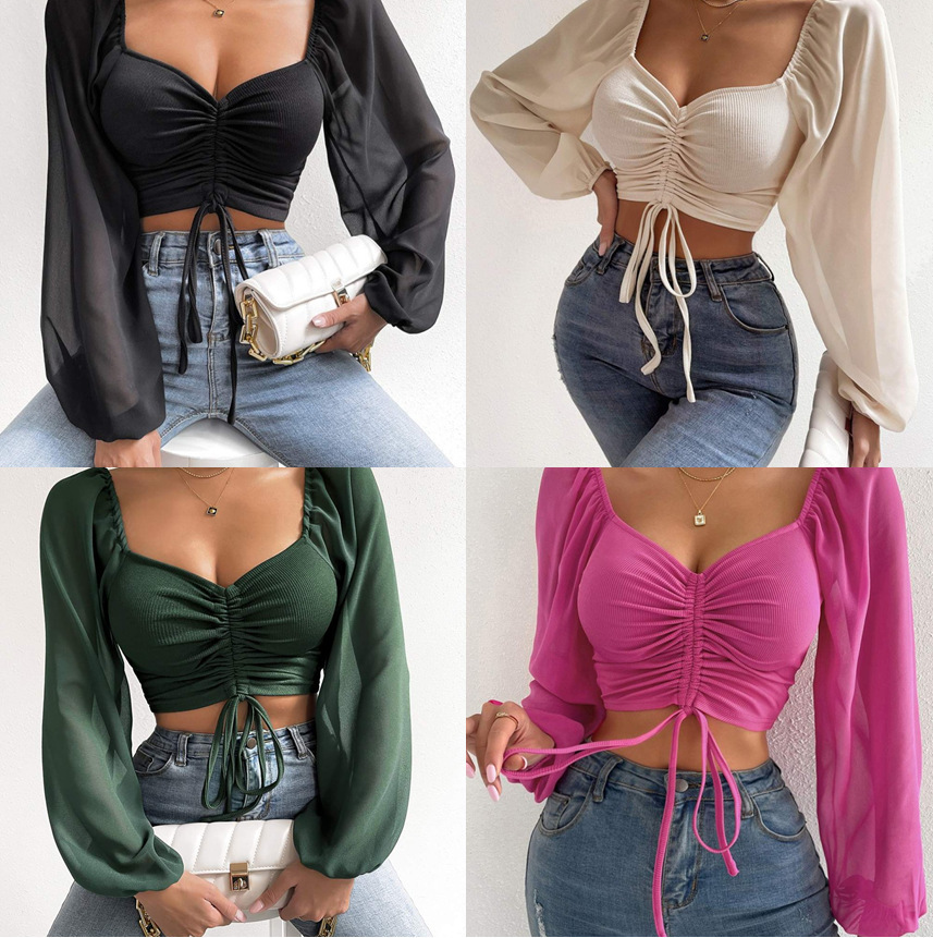 S-3XL Mesh Lantern Sleeves Drawstring Wrap Chest Bare Midriff T-Shirt Women Long Sleeve Ruched Blouse Crop Top Tee