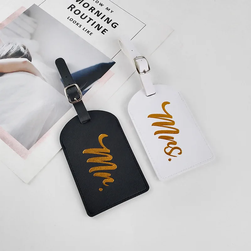 PU Leather Black and White Couple Travel Baggage Tags Passport Cover Mr Mrs Gift Passport Holder Luggage Tag Set Portable Label