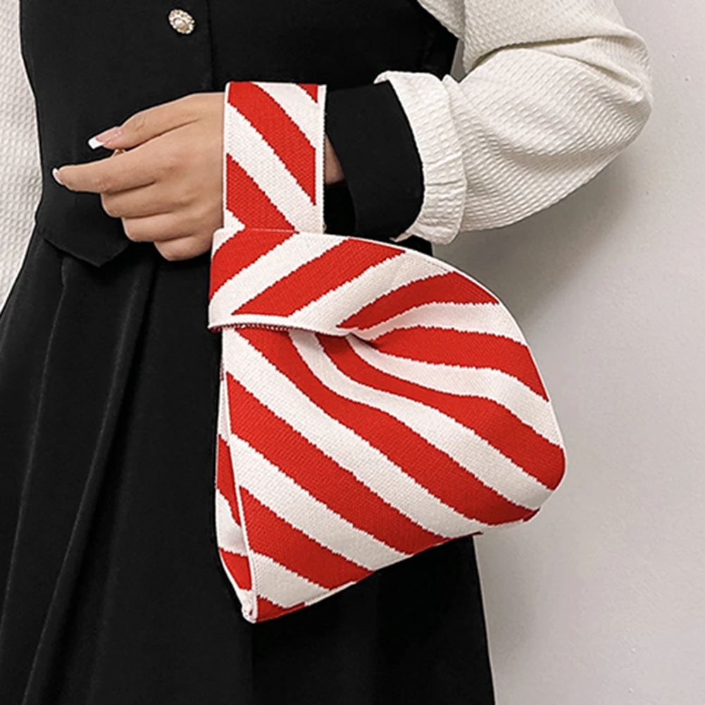 Korean Women Knot Wrist Bag Straw Handle Female Knitted Handbag Mini Knit Tote Bag Purses Ladies Clutch Woven Shopping Bag 2023